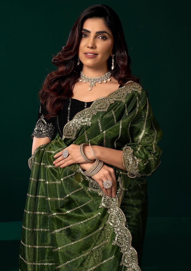 Green Embroidered Net Saree Set - Indya