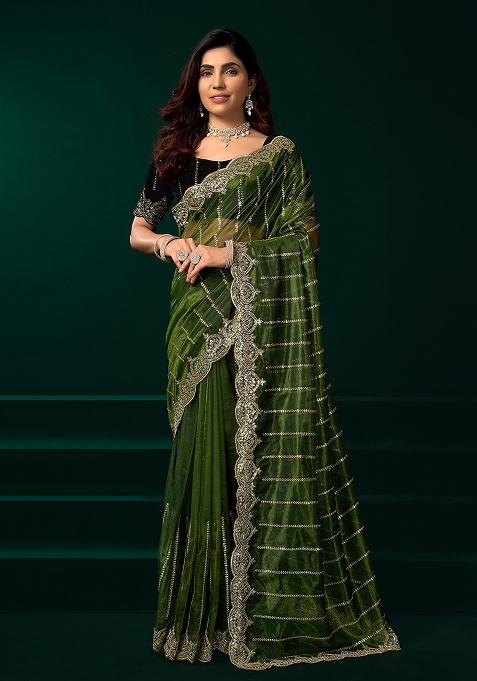 Green Embroidered Net Saree Set