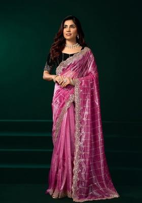 Pink Embroidered Net Saree Set