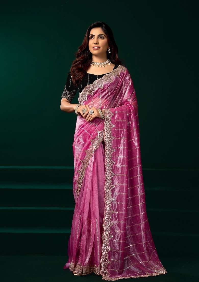 Pink Embroidered Net Saree Set - Indya