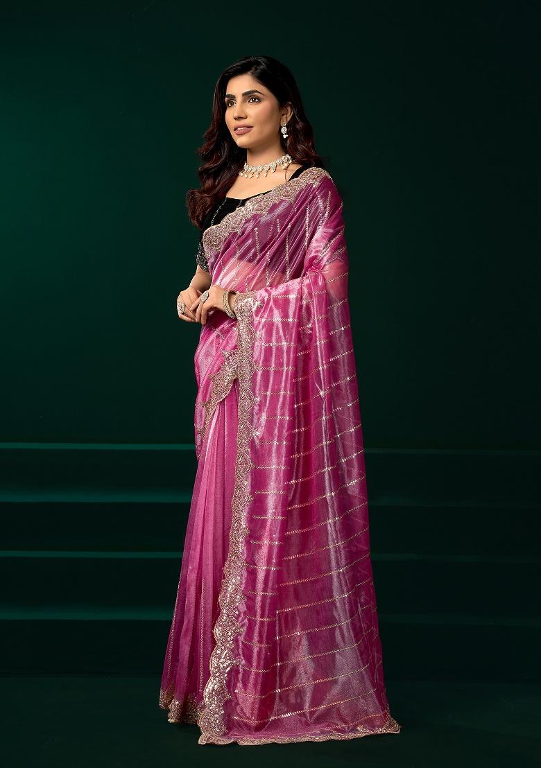 Pink Embroidered Net Saree Set - Indya