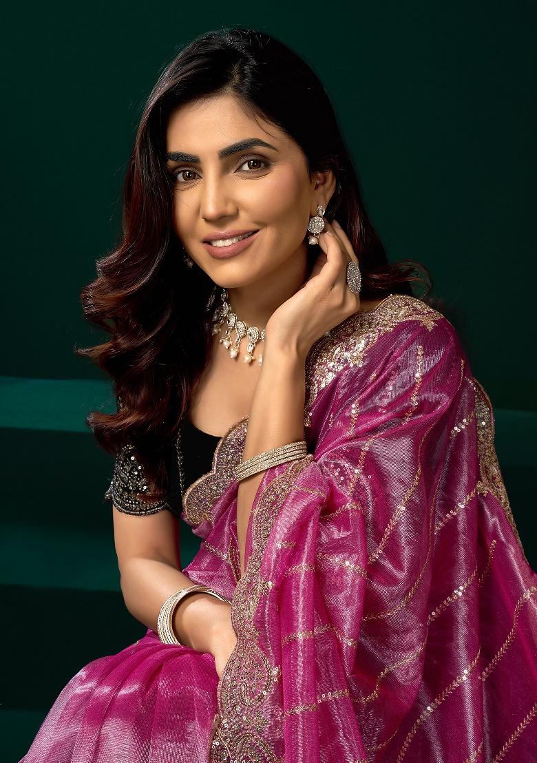 Pink Embroidered Net Saree Set - Indya