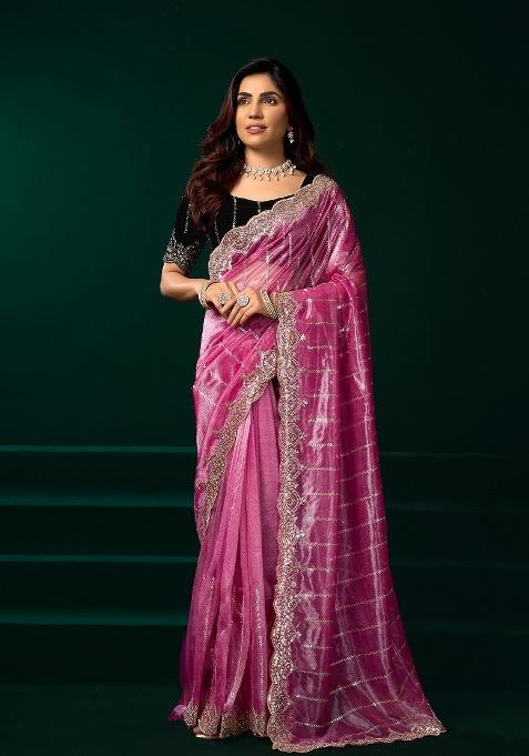 Pink Embroidered Net Saree Set
