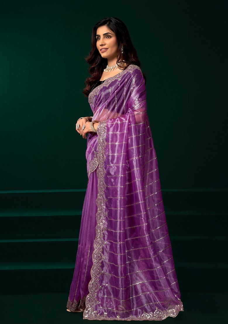 Lavender Embroidered Net Saree Set - Indya