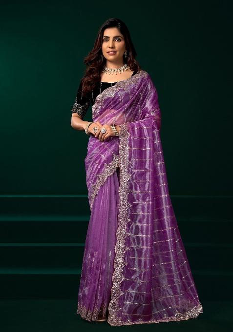 Lavender Embroidered Net Saree Set