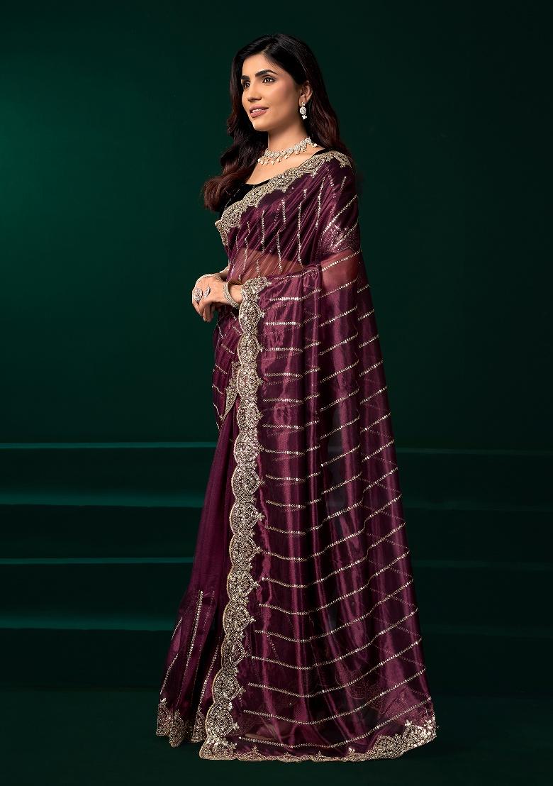 Purple Embroidered Net Saree Set - Indya