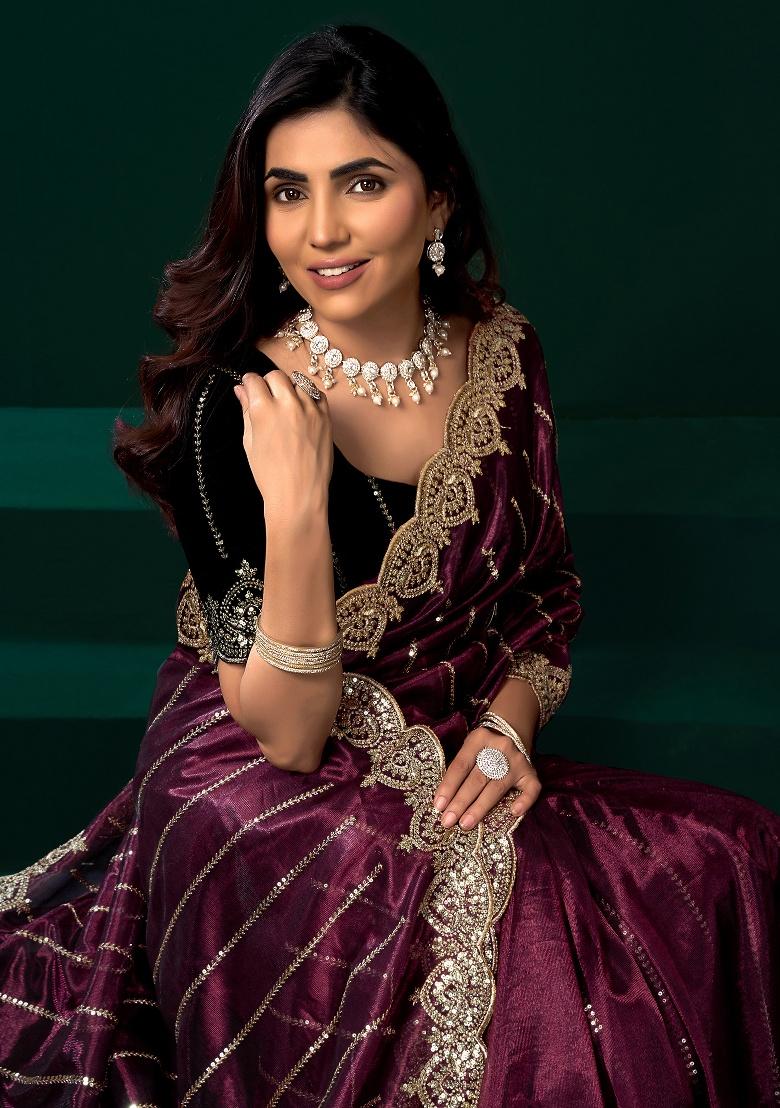 Purple Embroidered Net Saree Set - Indya