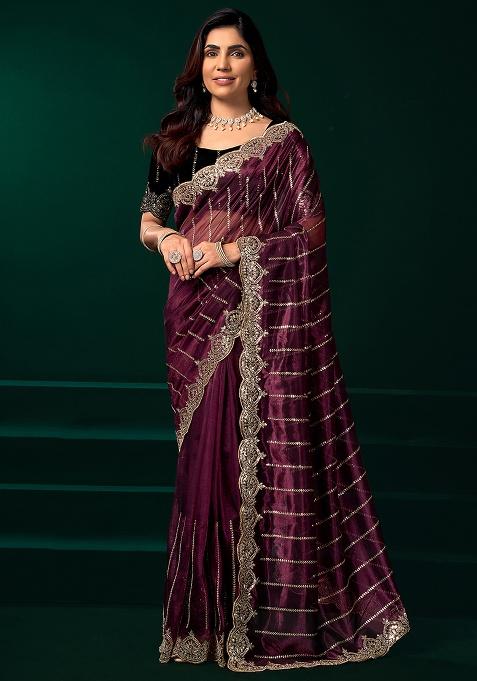 Purple Embroidered Net Saree Set
