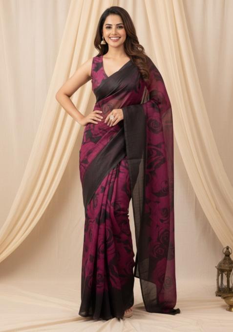 Red And Black Printed Chiffon Saree Set