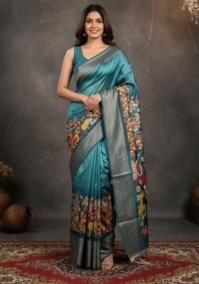 Teal Blue Printed Silk Saree Set