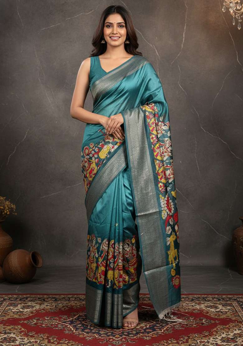Teal Blue Printed Silk Blend Saree Set for Diwali and Festive Wear - Indya