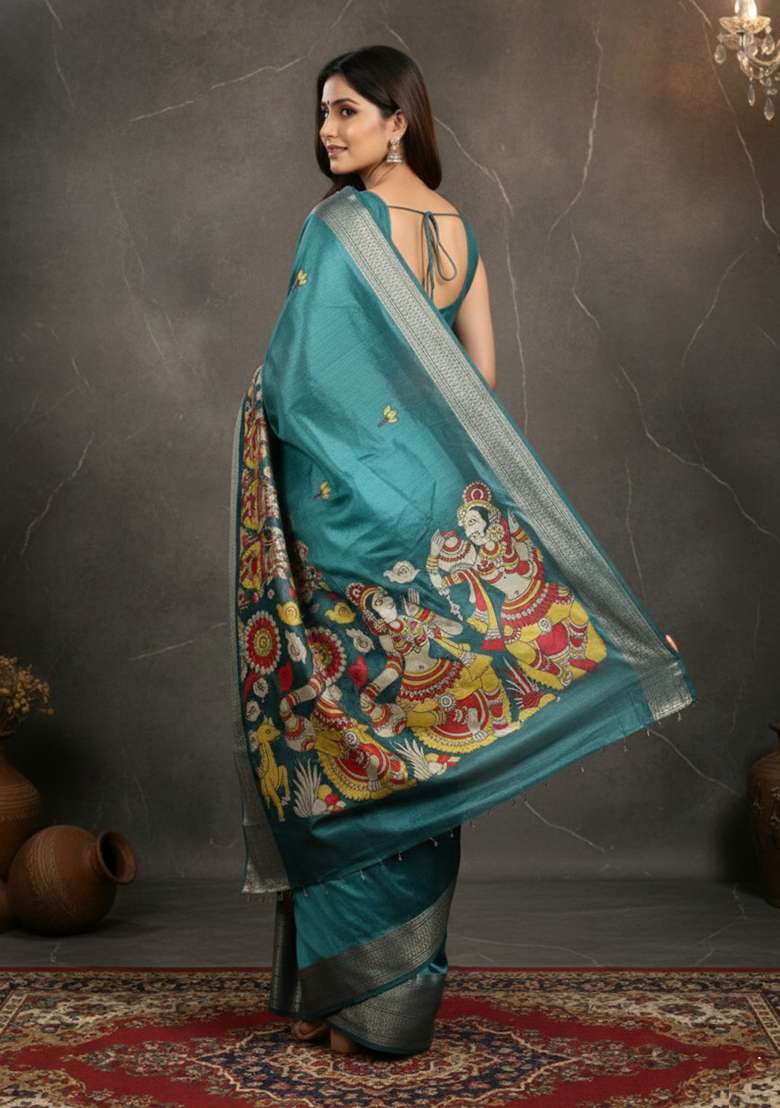 Teal Blue Printed Silk Blend Saree Set for Diwali and Festive Wear - Indya