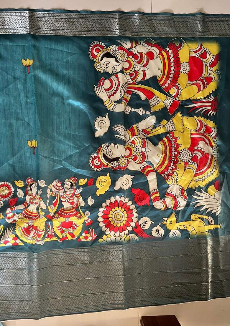 Teal Blue Printed Silk Blend Saree Set for Diwali and Festive Wear - Indya