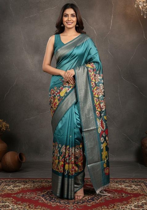 Teal Blue Printed Silk Saree Set