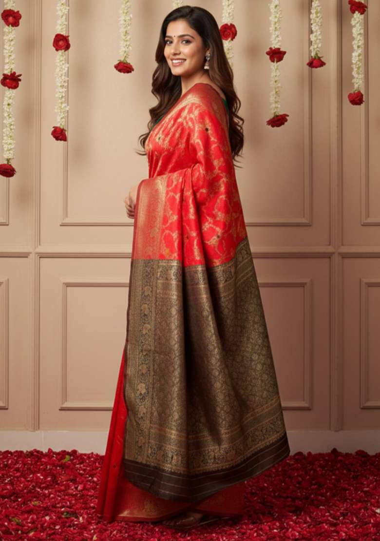 Red Zari Work Silk Blend Saree Set - Indya