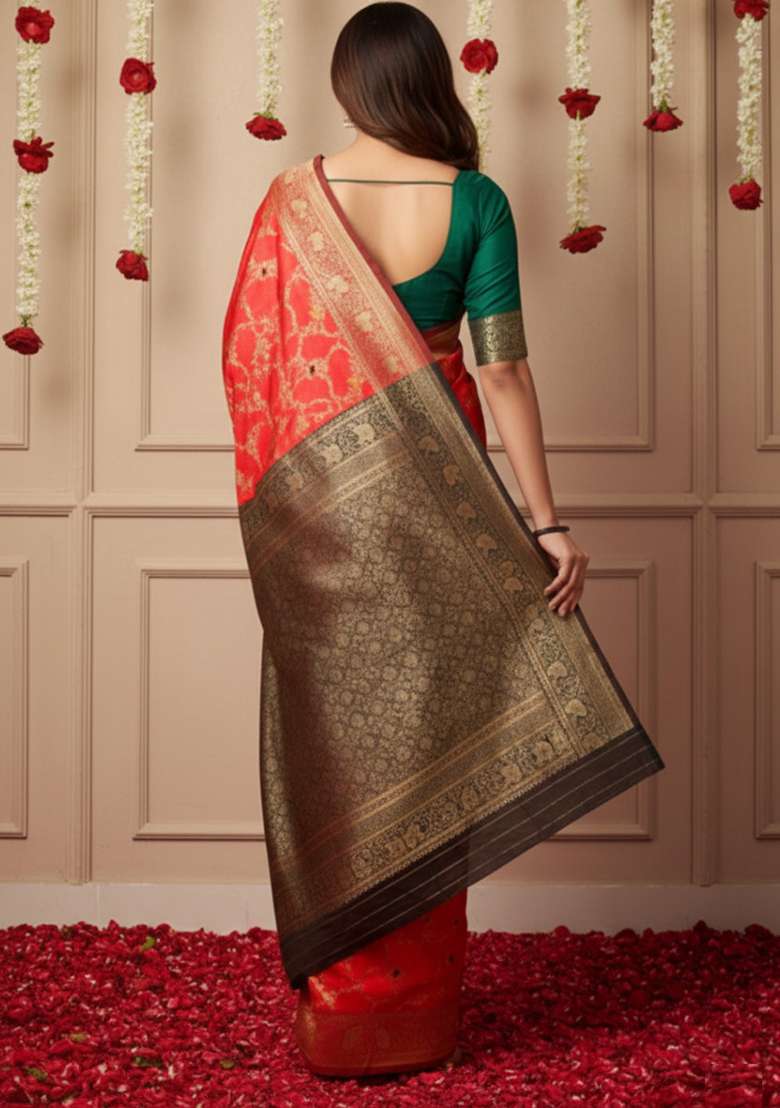 Red Zari Work Silk Blend Saree Set - Indya
