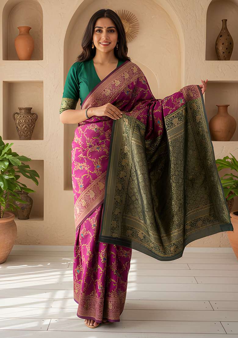 Wine Zari Work Silk Blend Saree Set for Diwali and Festive Wear - Indya