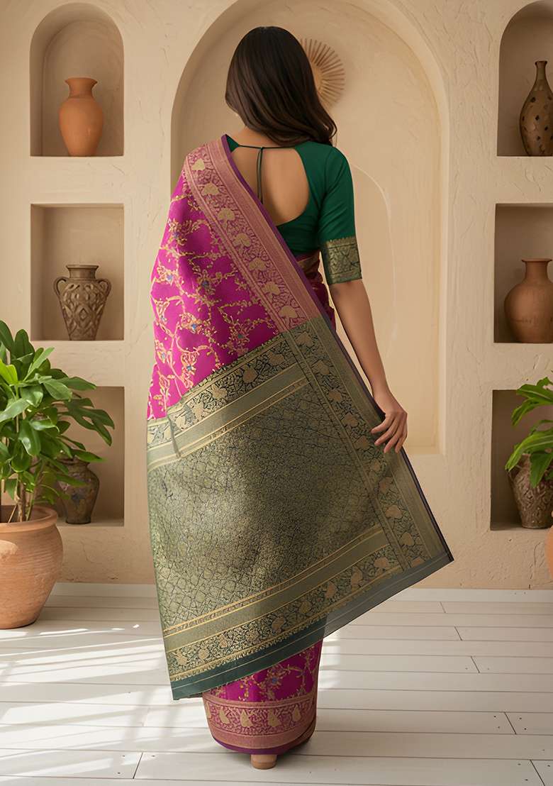 Wine Zari Work Silk Blend Saree Set for Diwali and Festive Wear - Indya