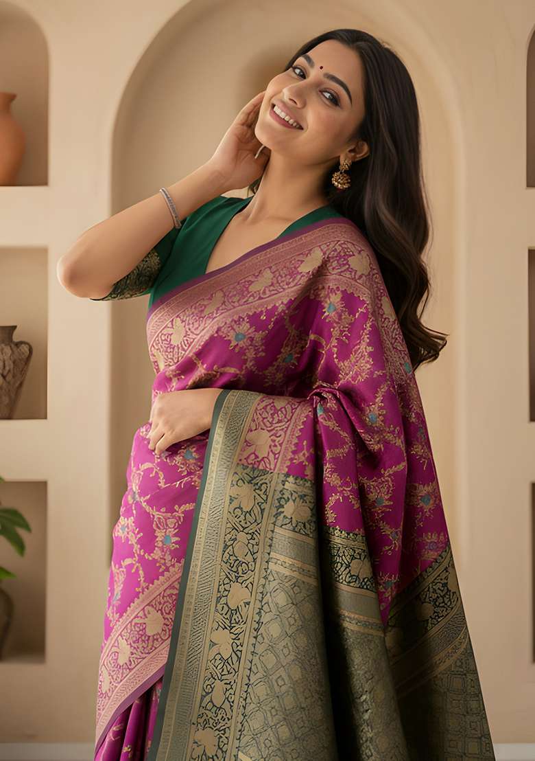 Wine Zari Work Silk Blend Saree Set for Diwali and Festive Wear - Indya