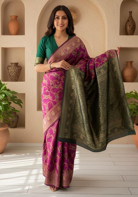 Wine Zari Work Silk Saree Set