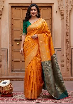 Yellow Zari Work Silk Saree Set