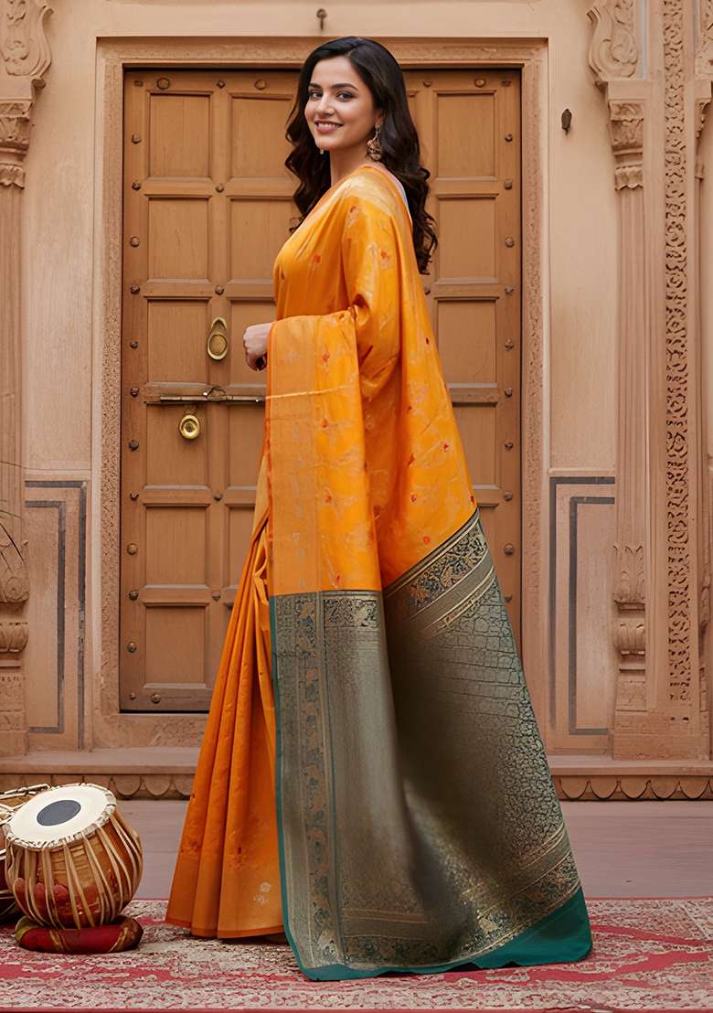 Yellow Zari Work Silk Blend Saree Set for Diwali and Festive Wear - Indya