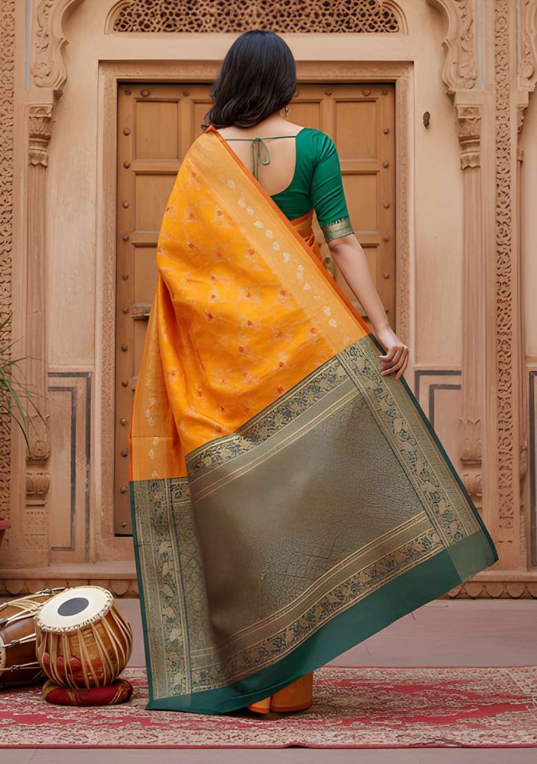 Yellow Zari Work Silk Blend Saree Set for Diwali and Festive Wear - Indya