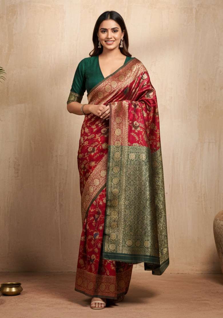 Maroon Zari Work Silk Blend Saree Set - Indya