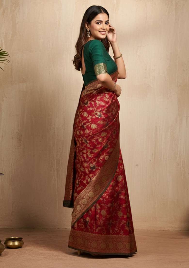 Maroon Zari Work Silk Blend Saree Set - Indya