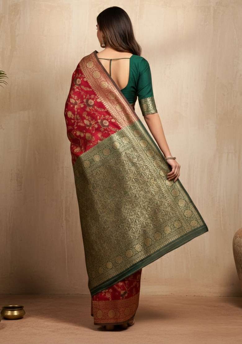 Maroon Zari Work Silk Blend Saree Set - Indya