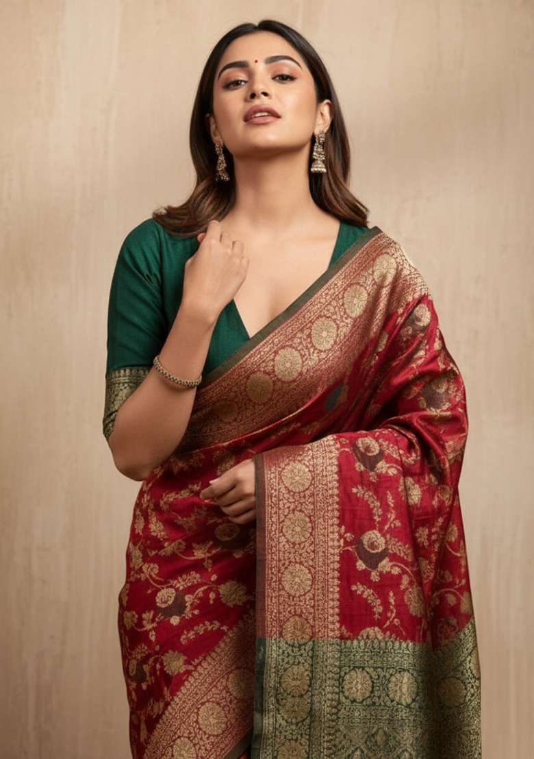 Maroon Zari Work Silk Blend Saree Set - Indya