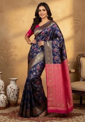 Navy Blue Zari Work Silk Saree Set