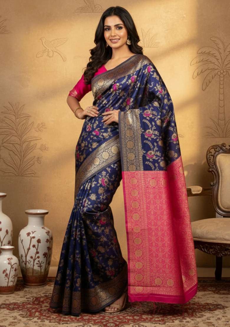 Navy Blue Zari Work Silk Blend Saree Set for Diwali and Festive Wear - Indya