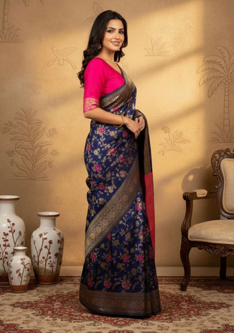 Navy Blue Zari Work Silk Blend Saree Set for Diwali and Festive Wear - Indya