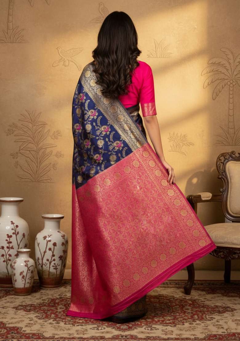 Navy Blue Zari Work Silk Blend Saree Set for Diwali and Festive Wear - Indya