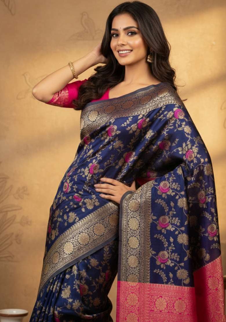 Navy Blue Zari Work Silk Blend Saree Set for Diwali and Festive Wear - Indya