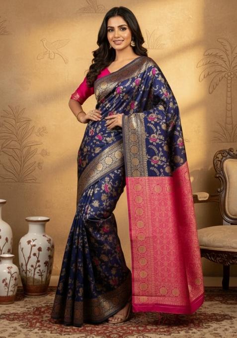 Navy Blue Zari Work Silk Blend Saree Set