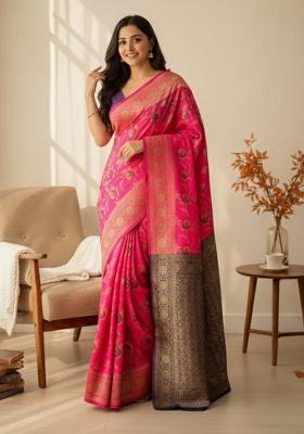 Pink Zari Work Silk Saree Set