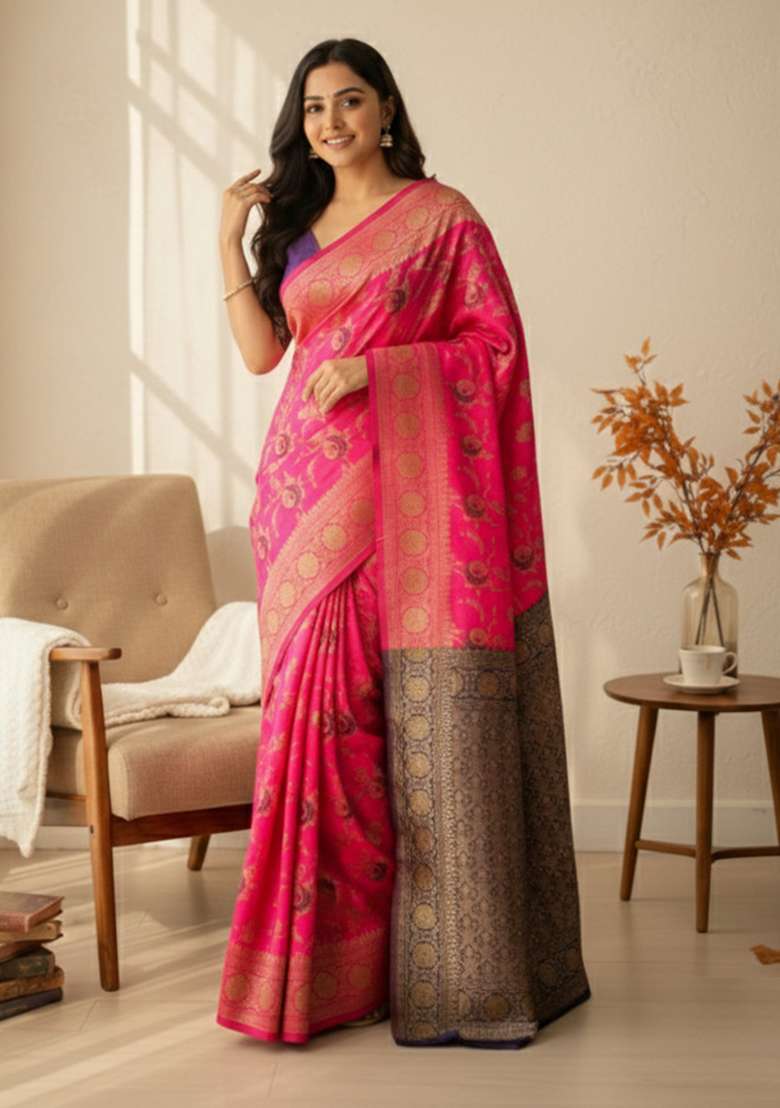 Pink Zari Work Silk Blend Saree Set - Indya
