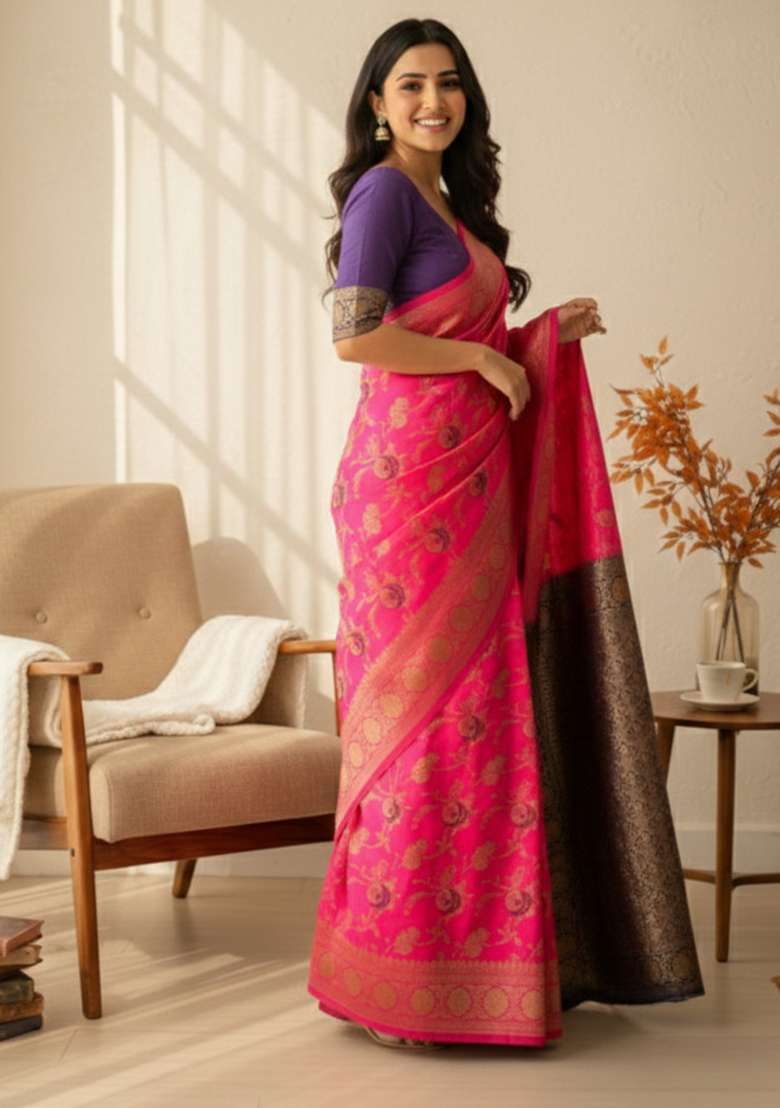 Pink Zari Work Silk Blend Saree Set - Indya