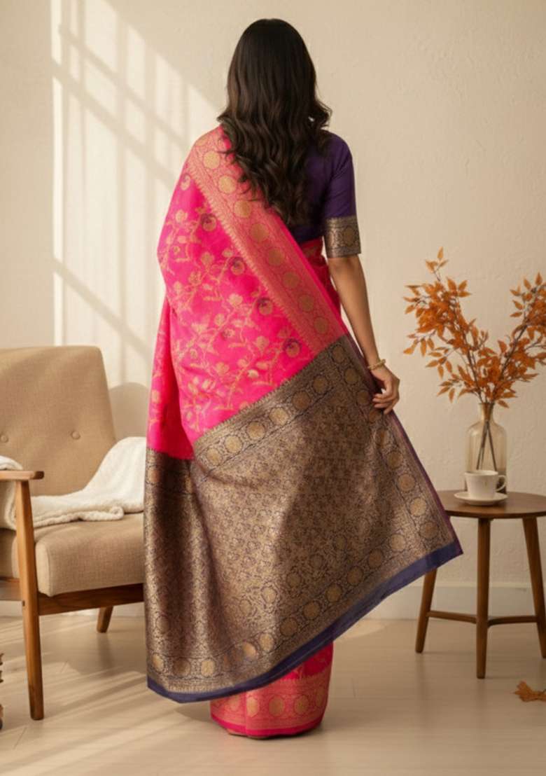 Pink Zari Work Silk Blend Saree Set - Indya