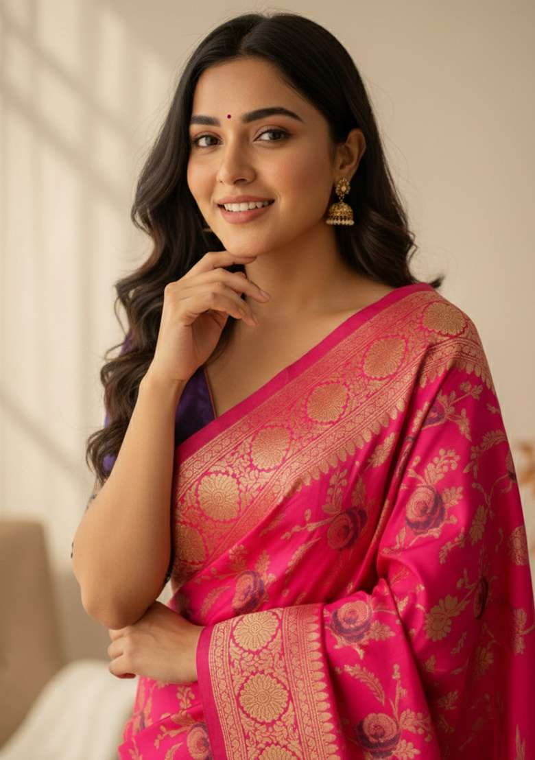 Pink Zari Work Silk Blend Saree Set - Indya