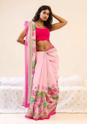 Pink Printed Linen Saree Set