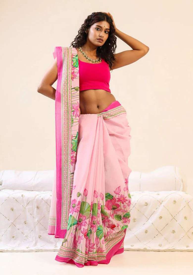 Pink Printed Linen Saree Set for Diwali and Festive Wear - Indya