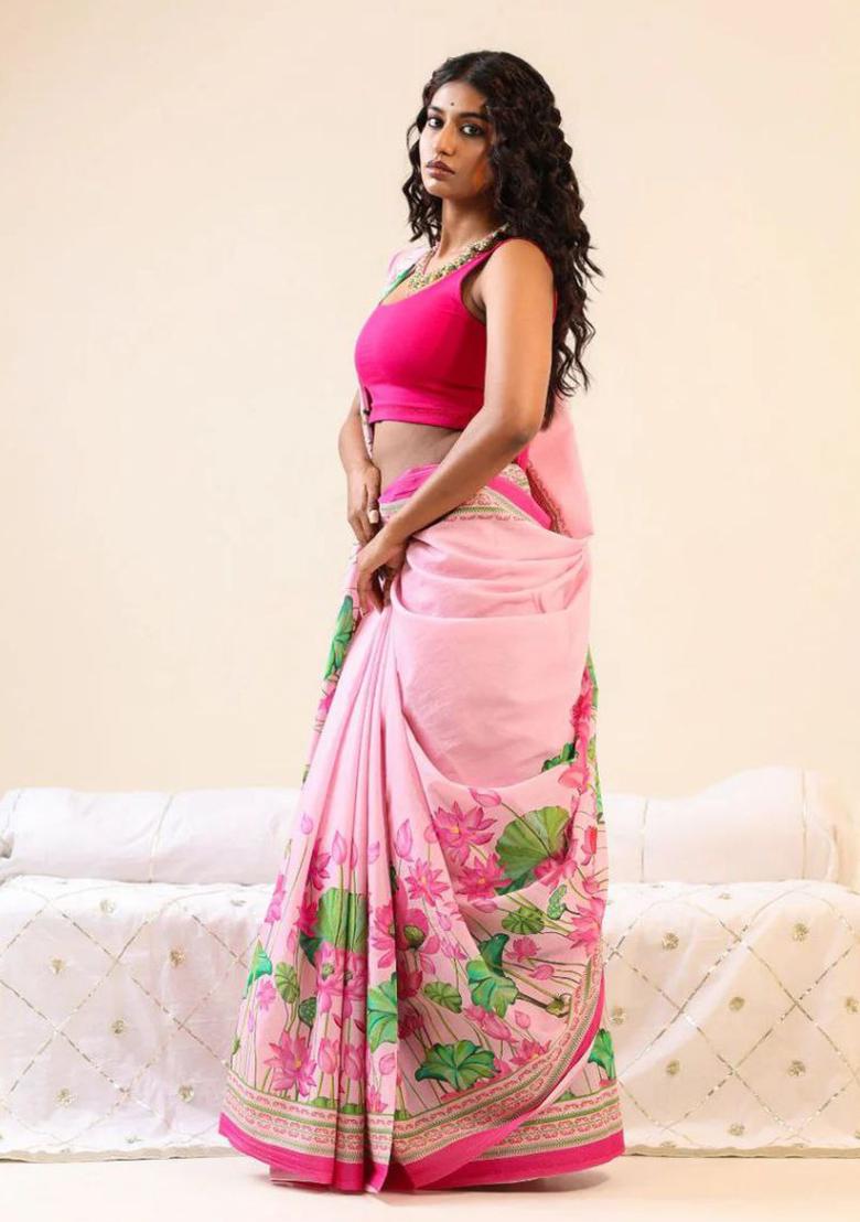Pink Printed Linen Saree Set - Indya