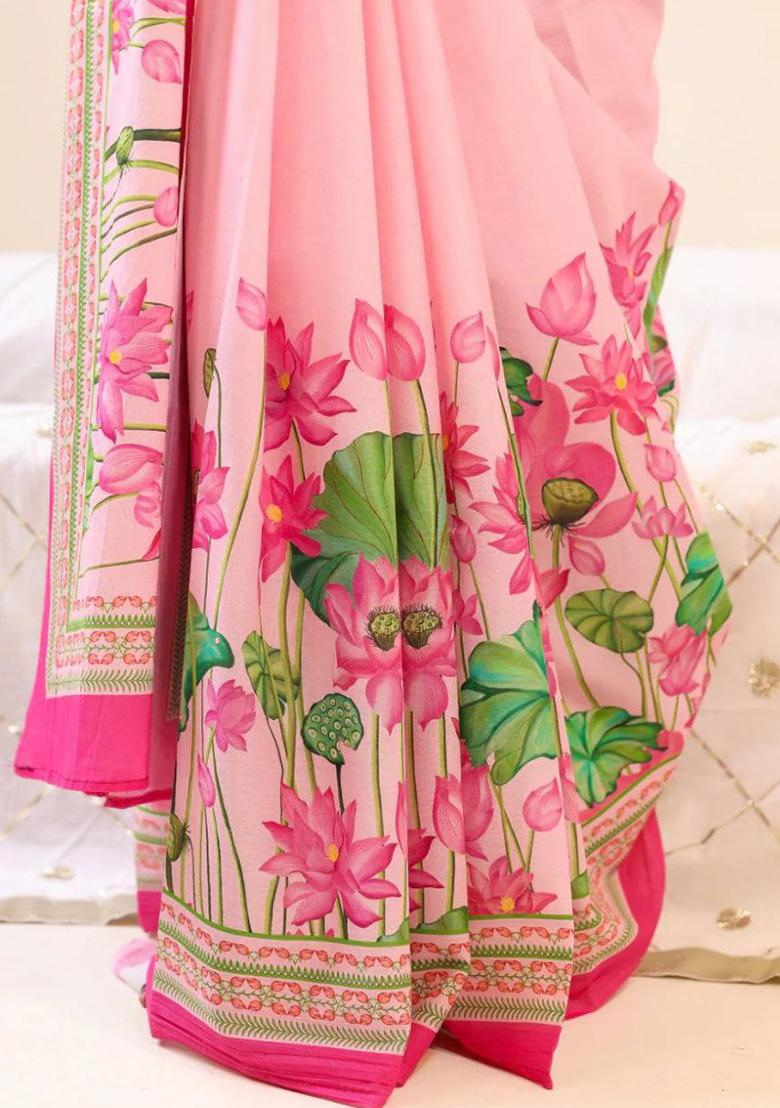 Pink Printed Linen Saree Set - Indya