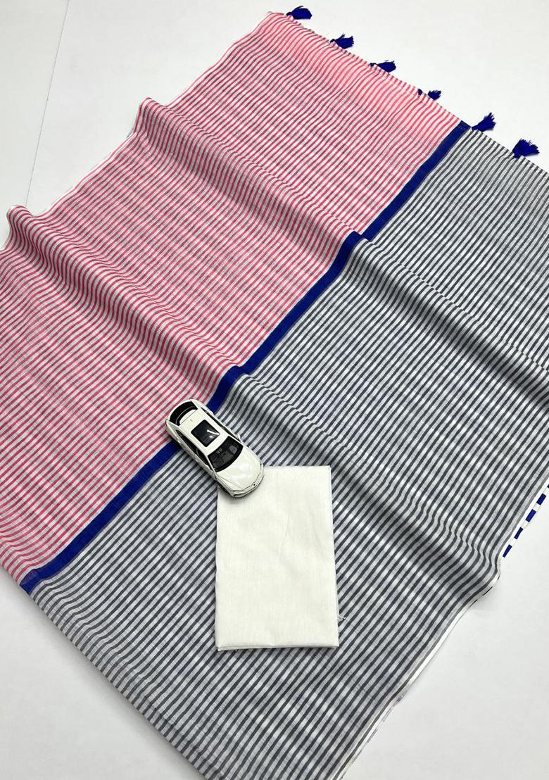 Blue And Pink Printed Linen Saree Set - Indya