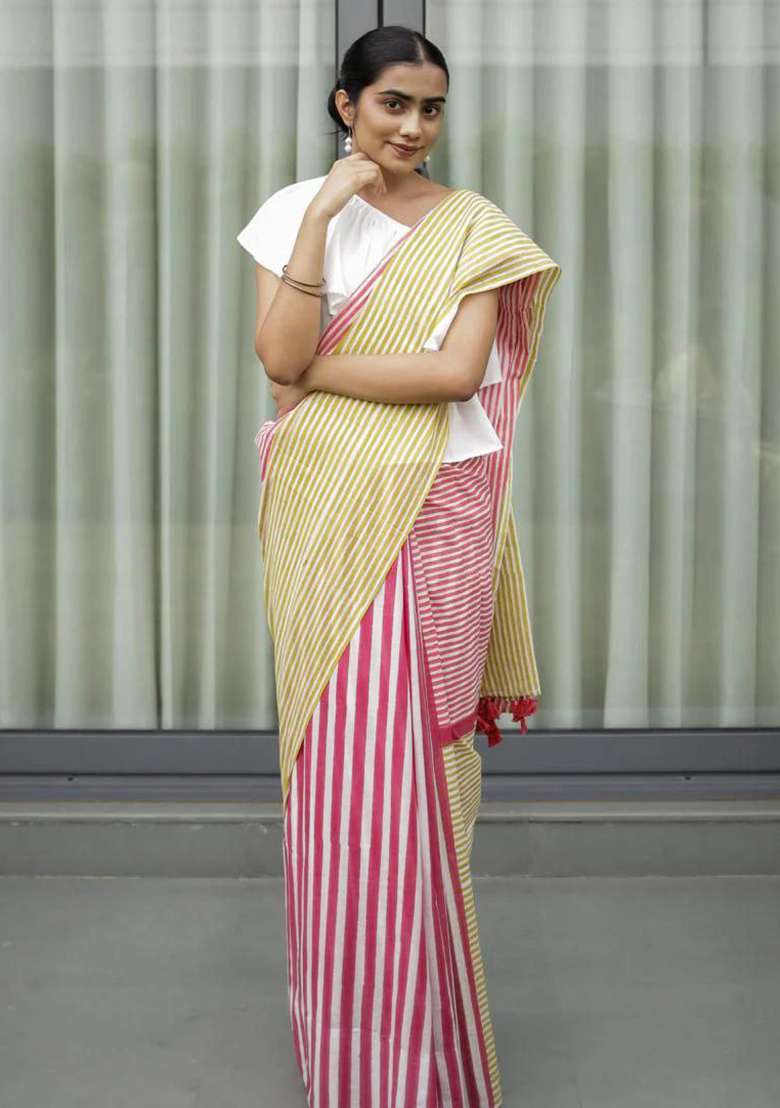 Pink And Light Green Linen Saree Set with Printed for Diwali | Wedding & Festive Wear - Indya
