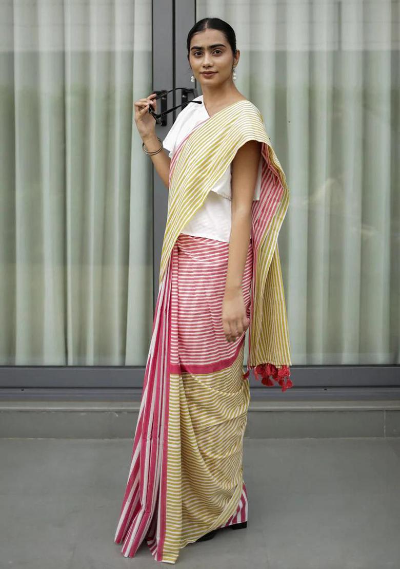 Pink And Light Green Printed Linen Saree Set - Indya