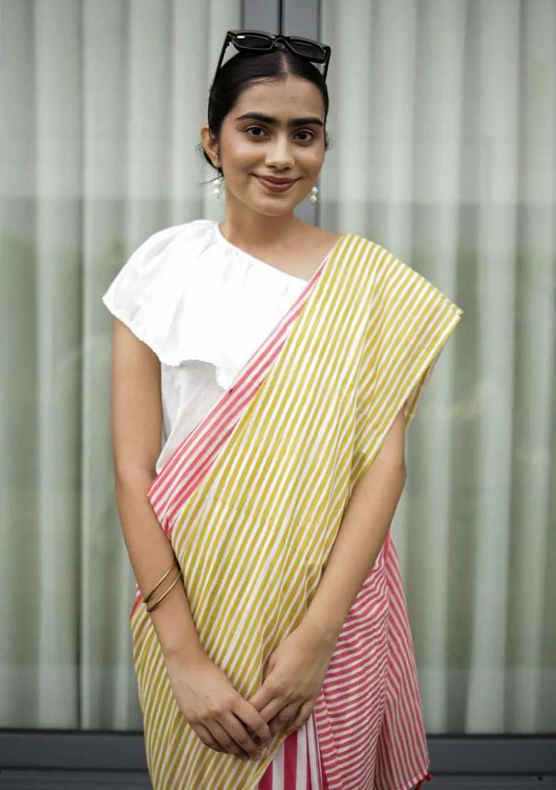 Pink And Light Green Linen Saree Set with Printed for Diwali | Wedding & Festive Wear - Indya